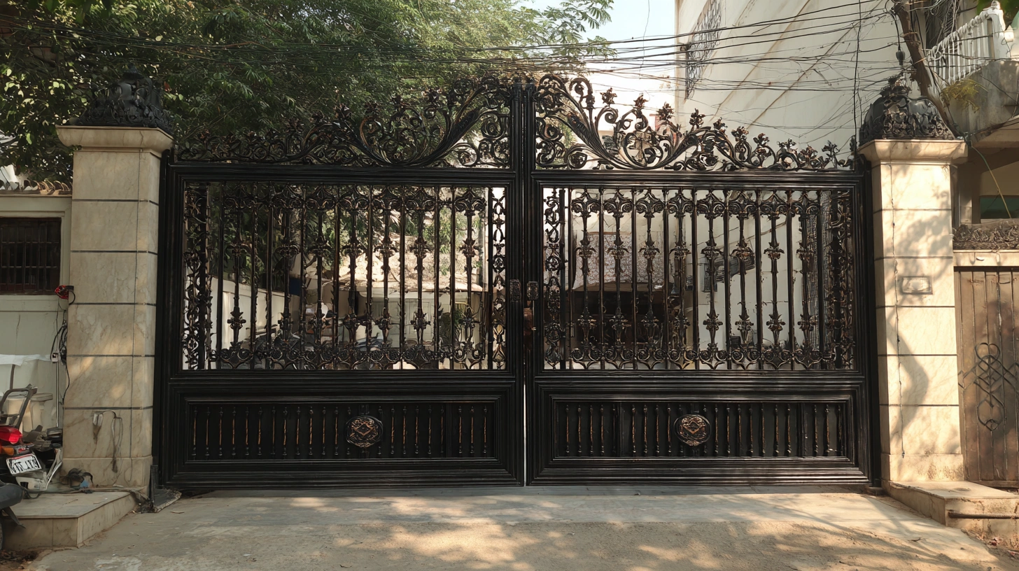 Solid and heavy cast iron gate with ornate traditional relief patterns