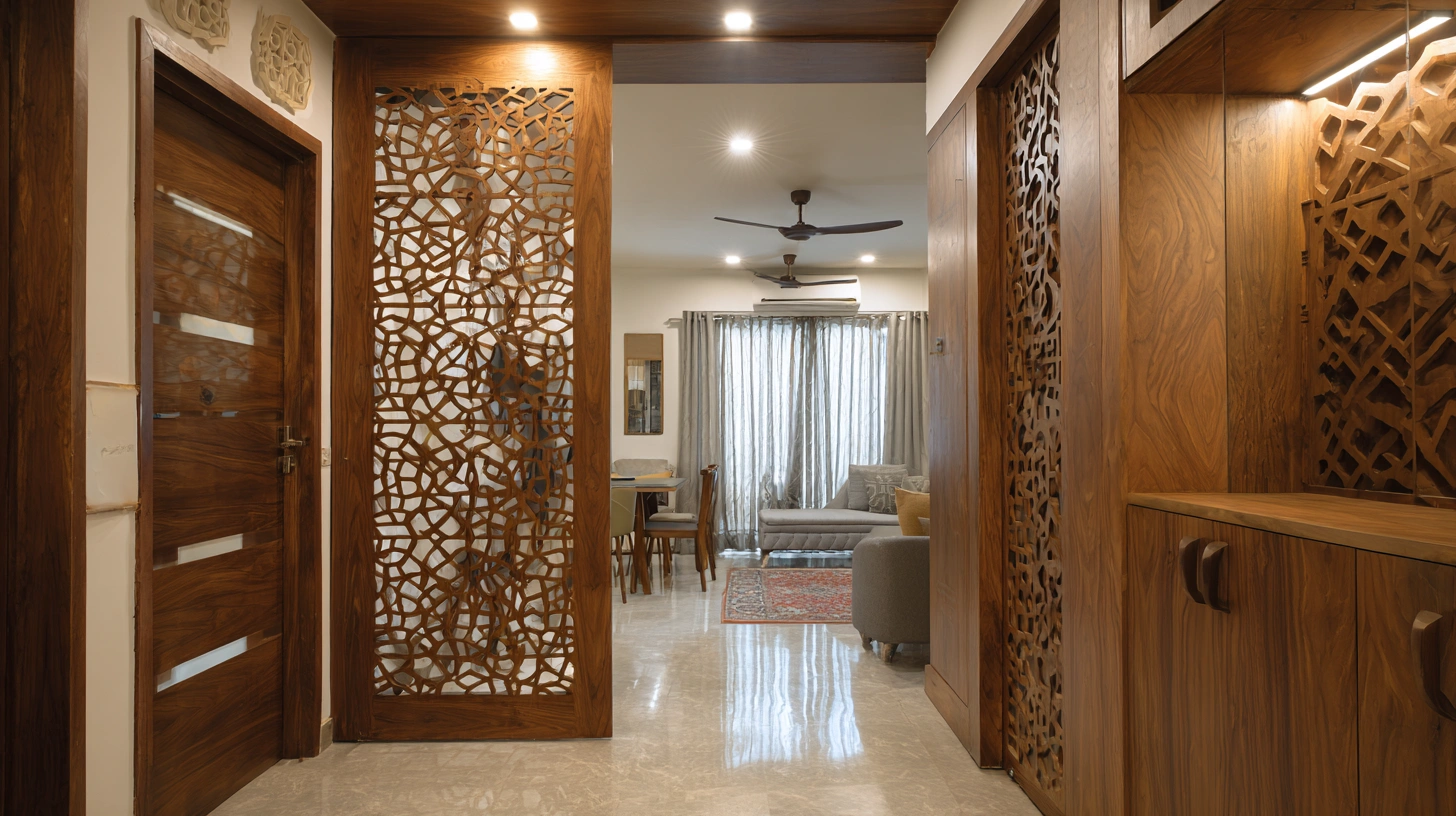 Warm backlit partition illuminating entryway walking corridor