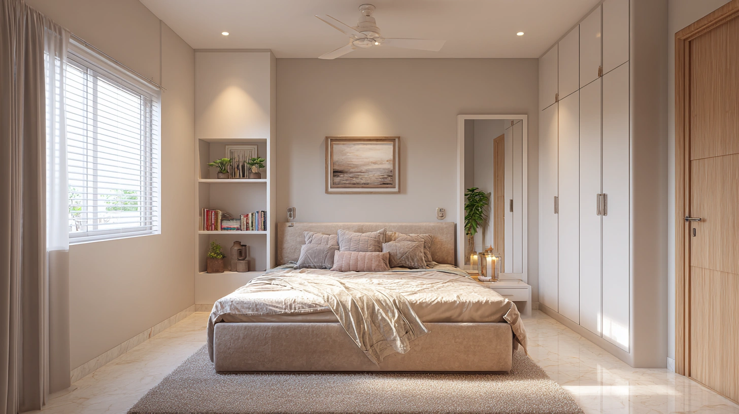 Minimalist plain gypsum partition featuring built-in display niches