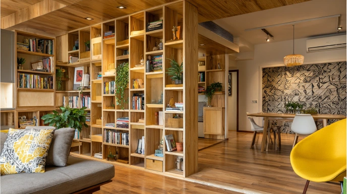 Plywood partition with built-in display shelves