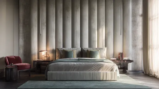 Full-height gray upholstered vertical panel bed back design