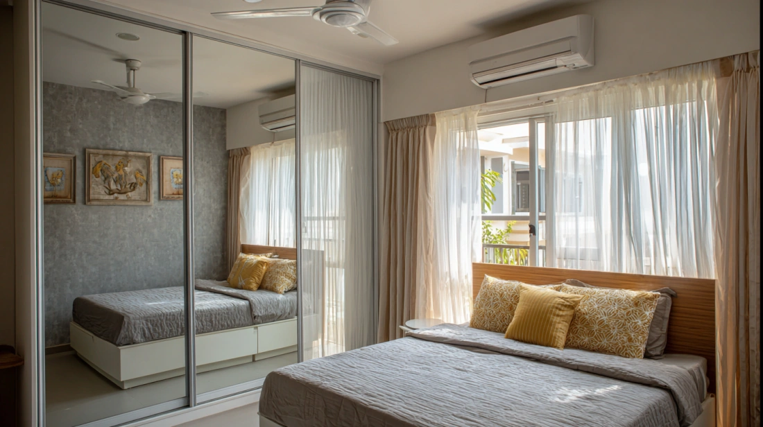 Modern bedroom wardrobe featuring full length sliding mirrors