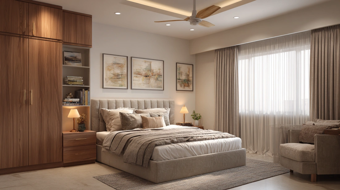 Neutral bedroom featuring full wall wood panelling