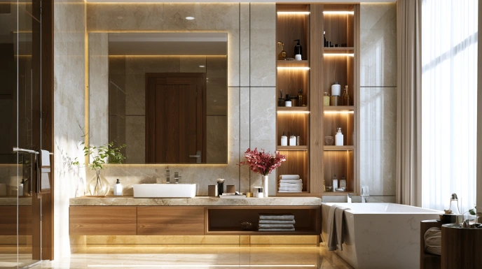 Large vanity niche beside a bathroom mirror
