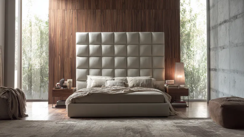 Full-width cream cushioned square panel headboard on a wood wall