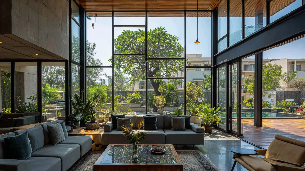 double height living room with full-length glass walls and modern decor