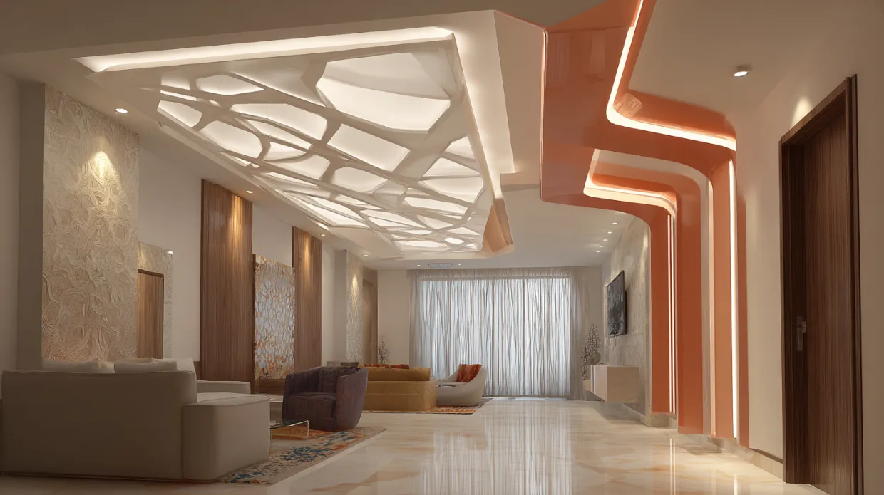 stylish l-shaped false ceiling design hall with lighting accents
