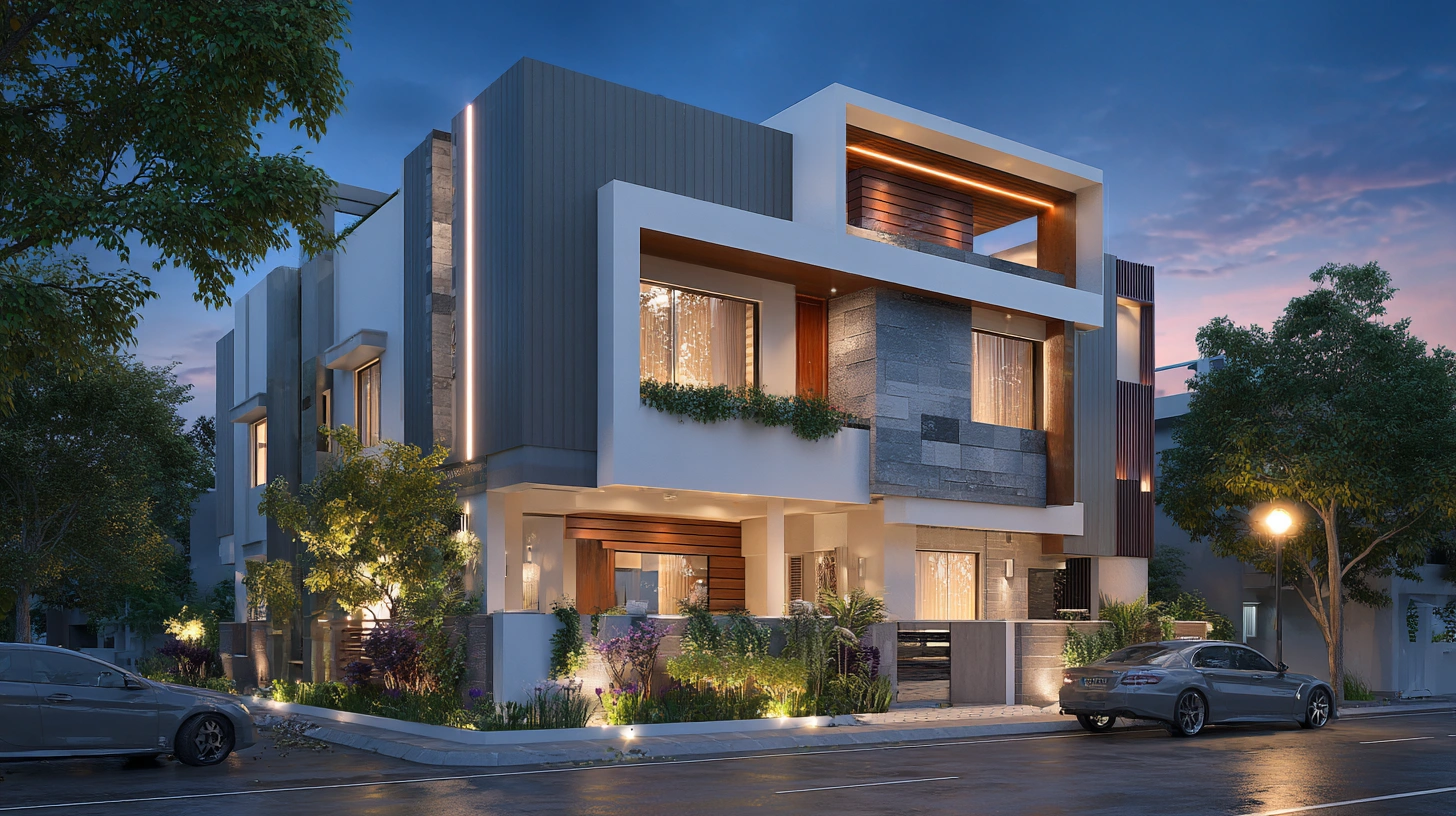 Modern duplex with LED facade lights at night
