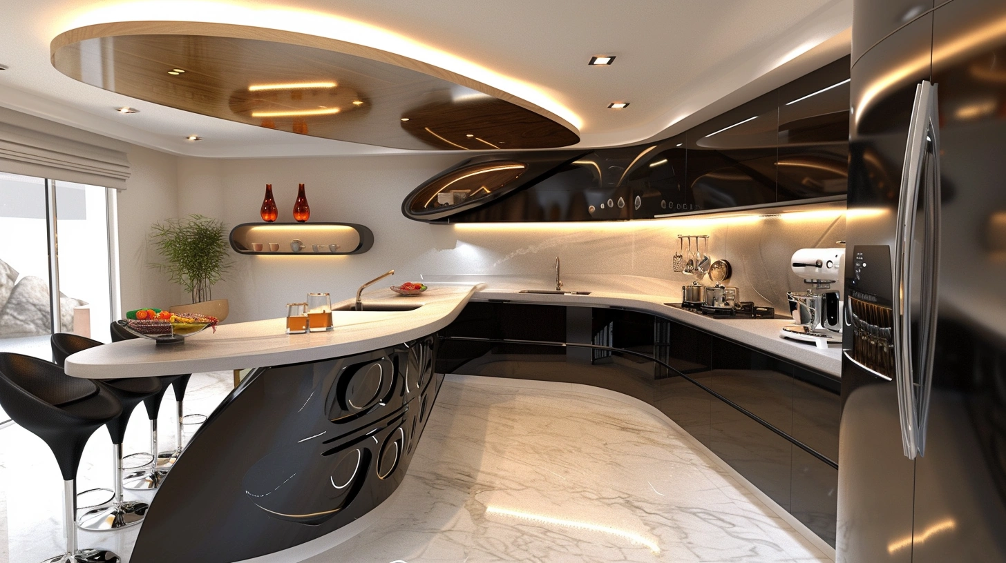 Futuristic Indian kitchen with sleek design and LED lighting