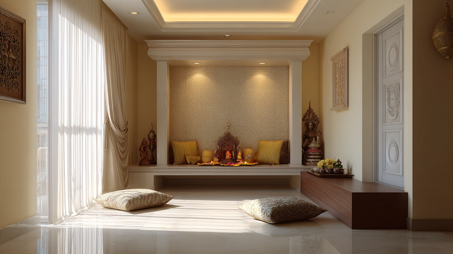 Dark pooja room ceiling with fiber optic starlight