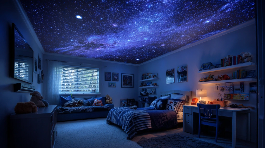Galaxy theme PVC ceiling with star effect in kids bedroom