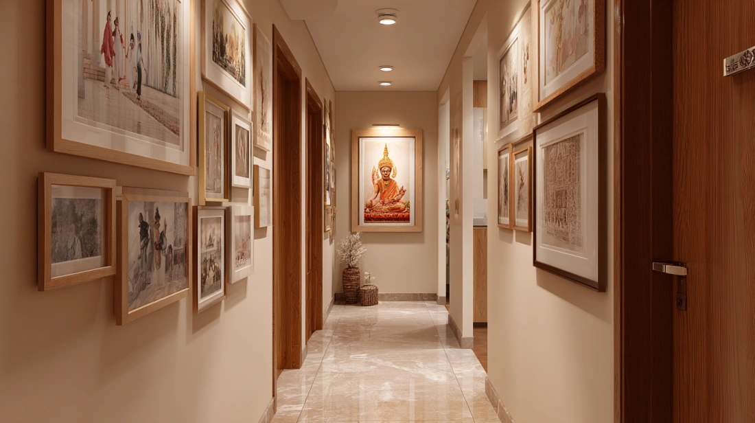 Family photo gallery wall in Indian apartment corridor