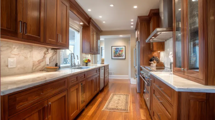 galley kitchen design with wood framed peninsula and extra storage