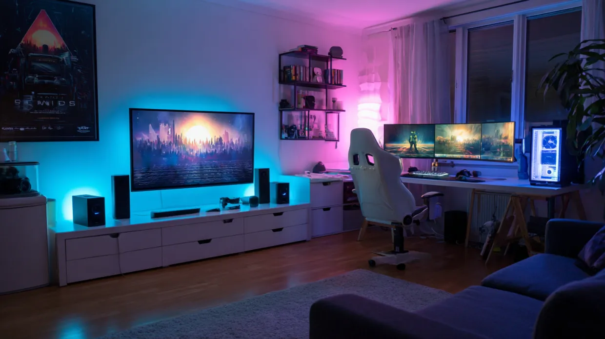 gaming room design with desk, triple screens and ambient lighting