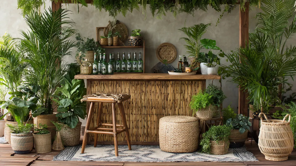 garden oasis home bar with wicker, bamboo, and greenery