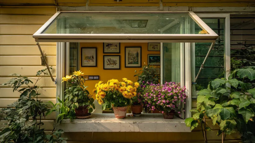 White garden window box filled with vibrant yellow and purple flowers against a yellow wall.