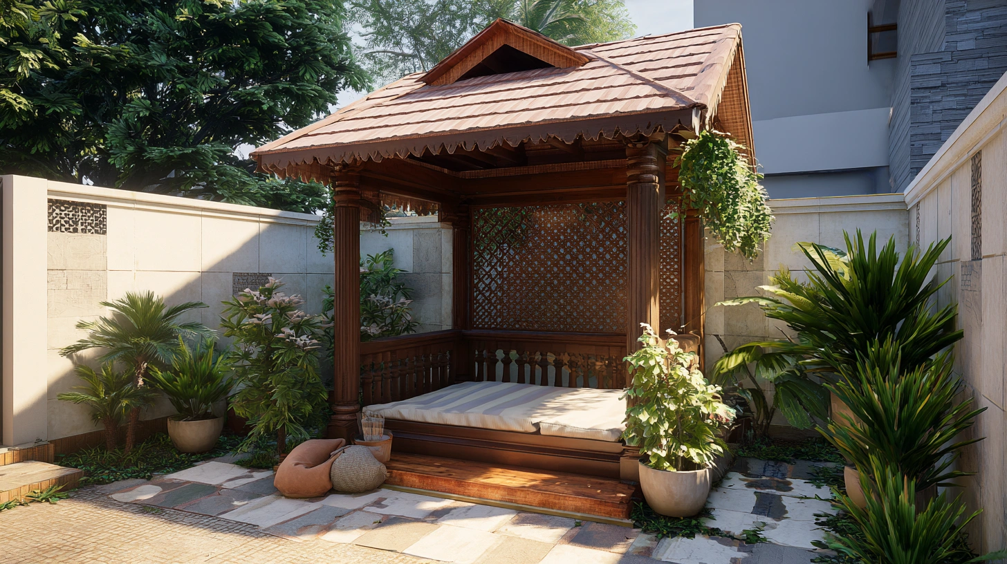 Gazebo style open dog shelter in house front yard