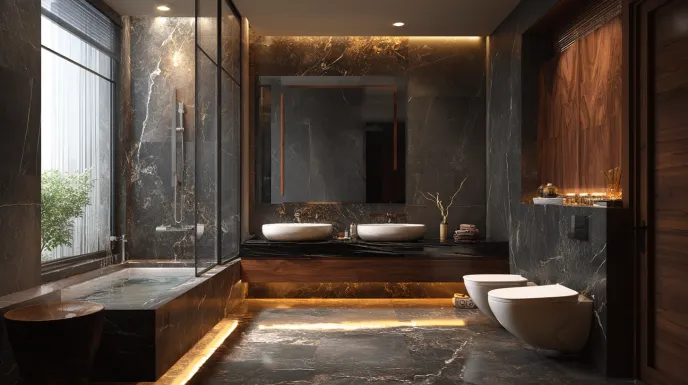 Luxury bathroom interior design with dark marble