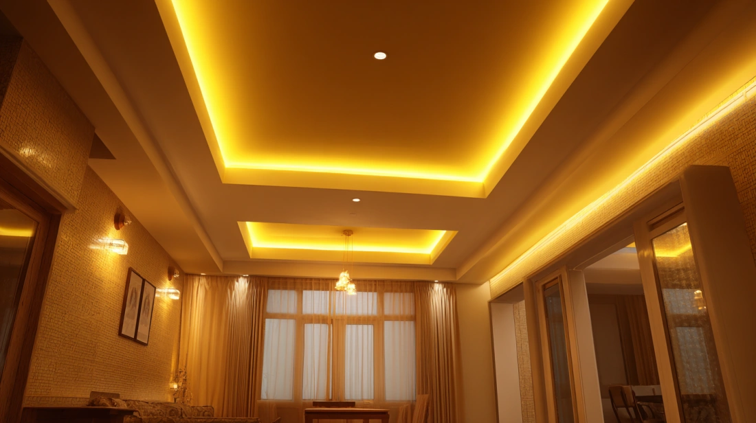 Soft warm light glowing from recessed POP ceiling coves