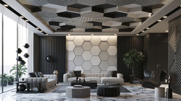 Modern geometric wallpaper for contemporary ceilings.