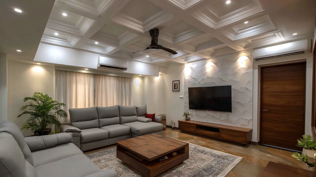 Classic white coffered ceiling grid with integrated spotlights