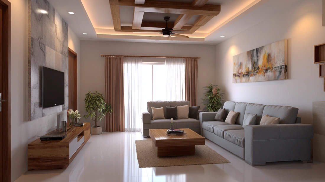 Luxury apartment living room with a coffered ceiling