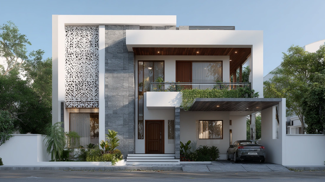 Geometric facade duplex in grey white tones