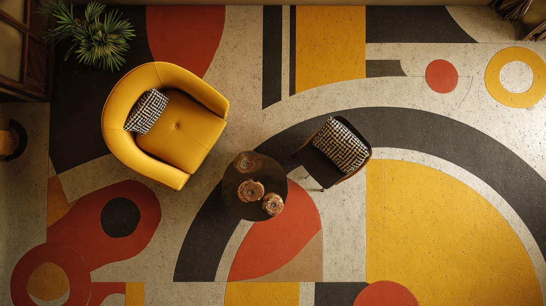 Overhead view of concrete floor with colorful shapes