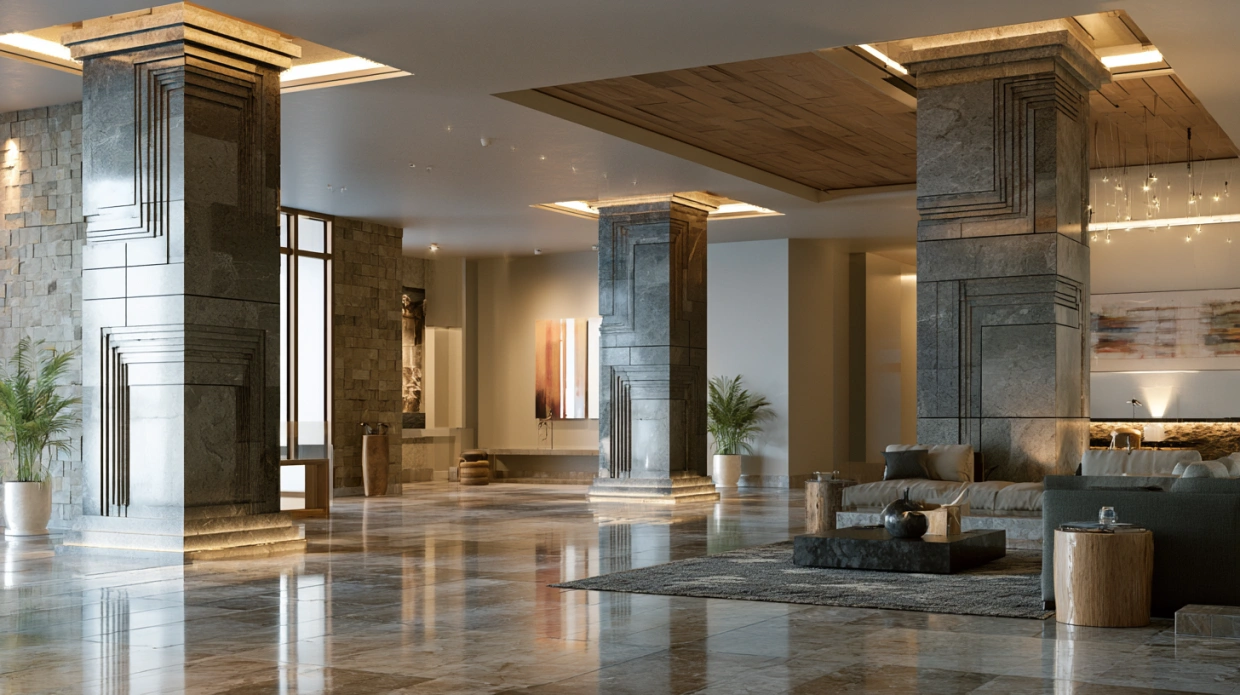 Geometric granite pillar with angular detailing