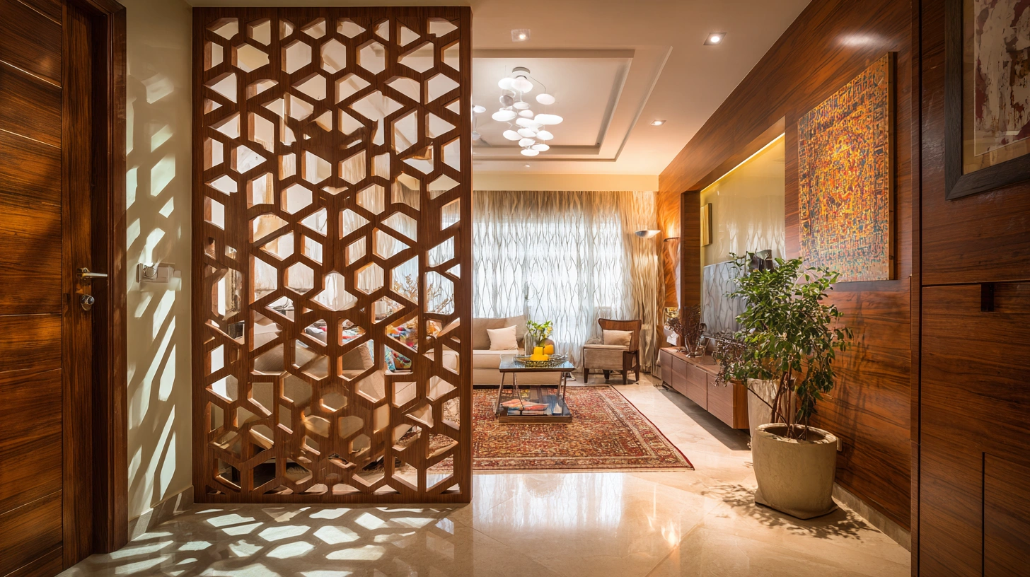Honeycomb timber screen panels bordering entryway floor