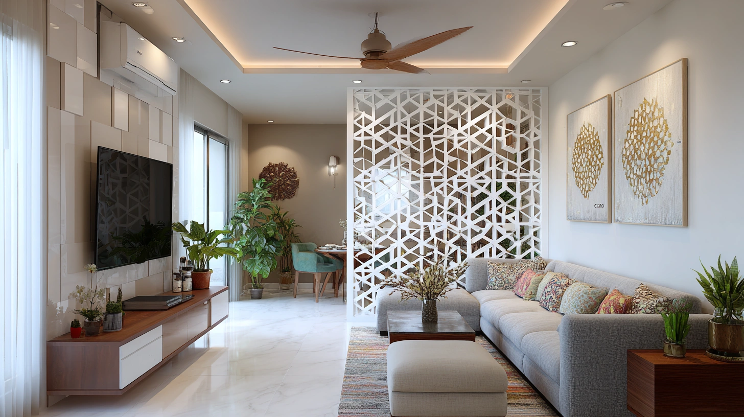 Sharp angular lattice partition zoning family room