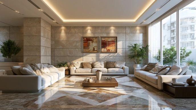 Geometric marble inlay flooring in living room