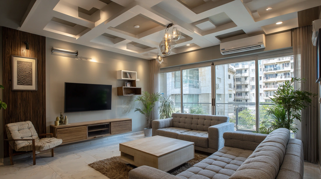 Contemporary living room with a geometric layered POP ceiling