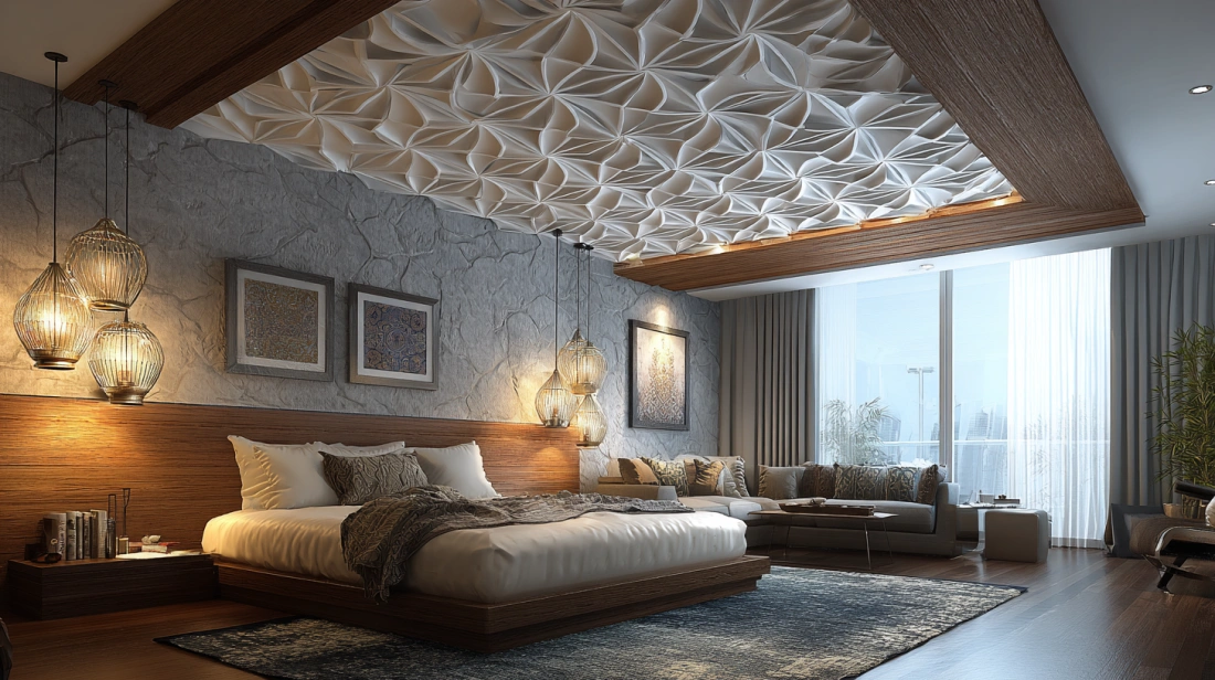 Geometric PVC ceiling panels in modern Indian bedroom