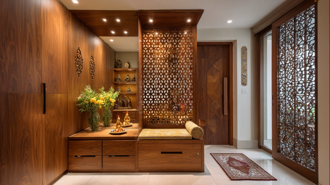 Plywood partition with integrated small mandir