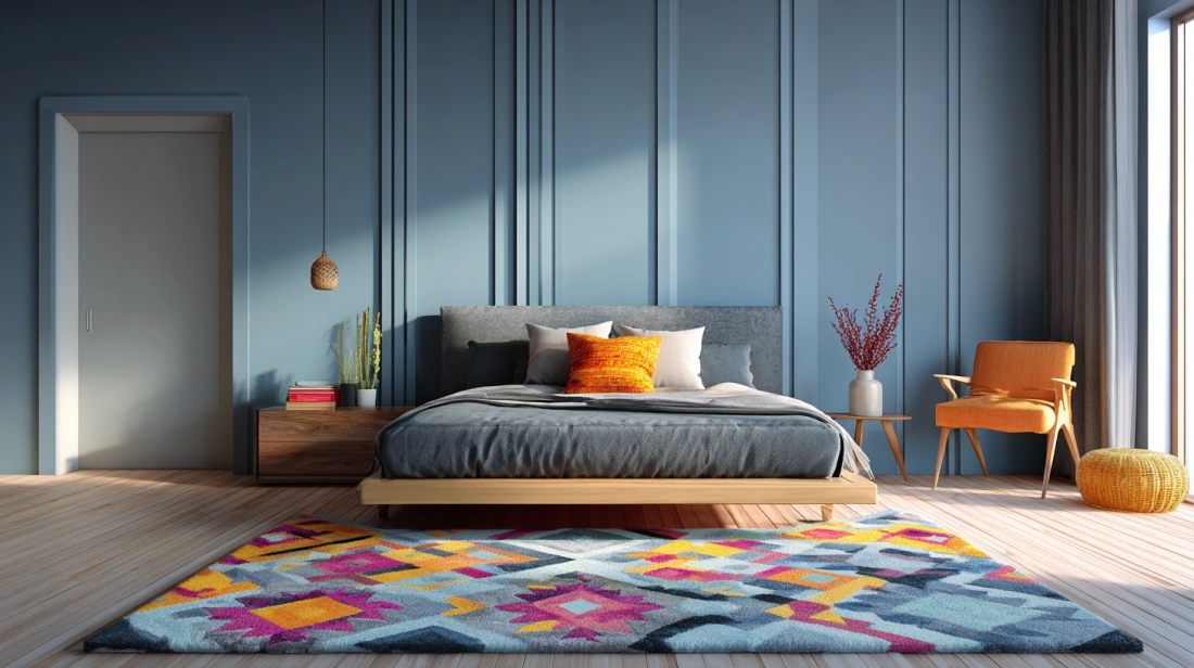 Geometric rug adds modern flair to blue bedroom theme