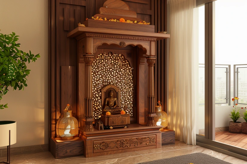 geometric wooden temple panel in a pooja mandir design for homes