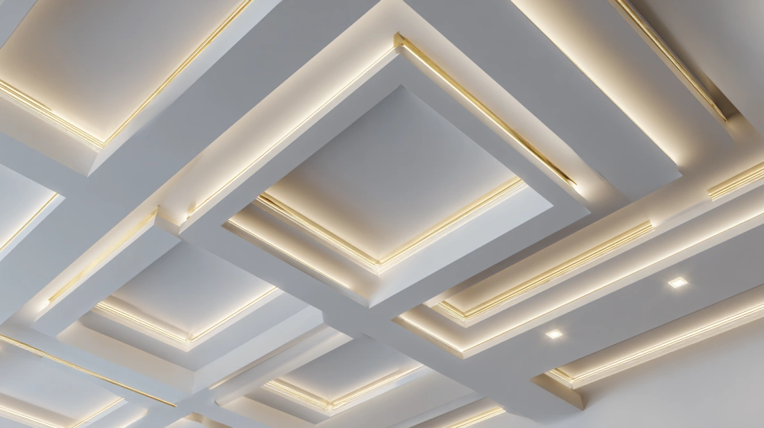 Gypsum false ceiling featuring sharp, overlapping geometric shapes