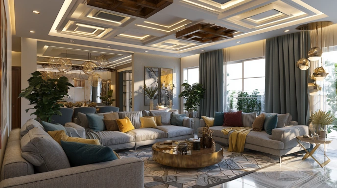 Geometric POP ceiling in Indian apartment