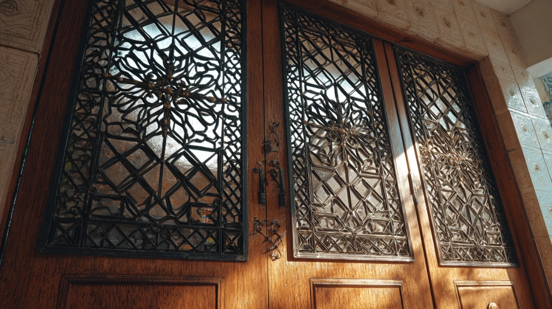 Sleek iron gate with a repeating square and rectangular geometric lattice