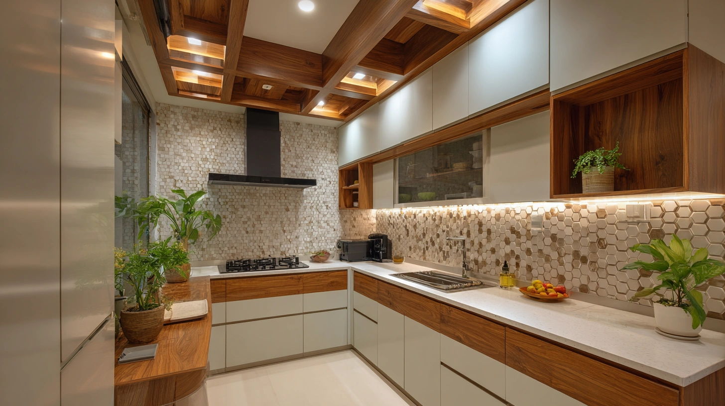 Intersecting grid patterned wooden rafter ceiling design
