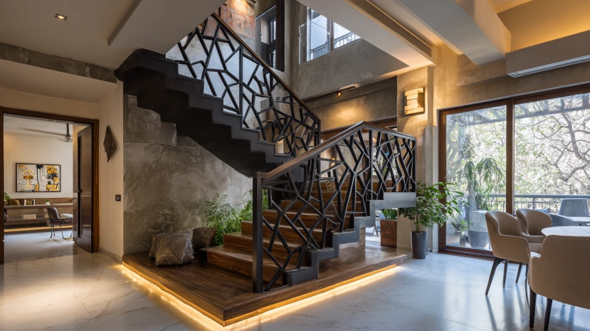 geometric pattern featured in modern stair railing design