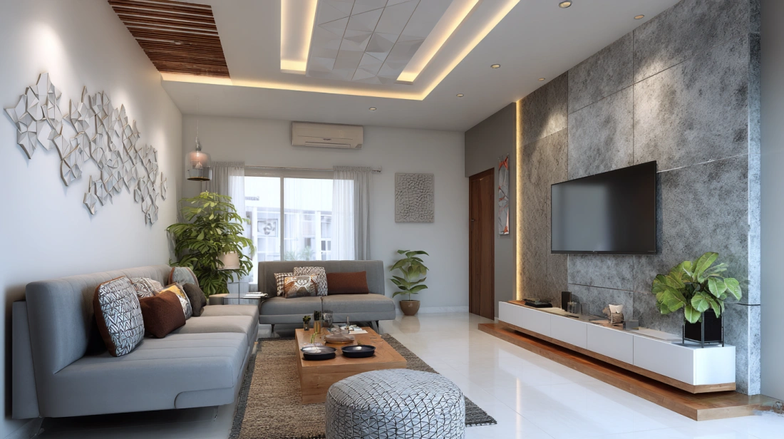 Living room featuring a geometric patterned recessed tray ceiling