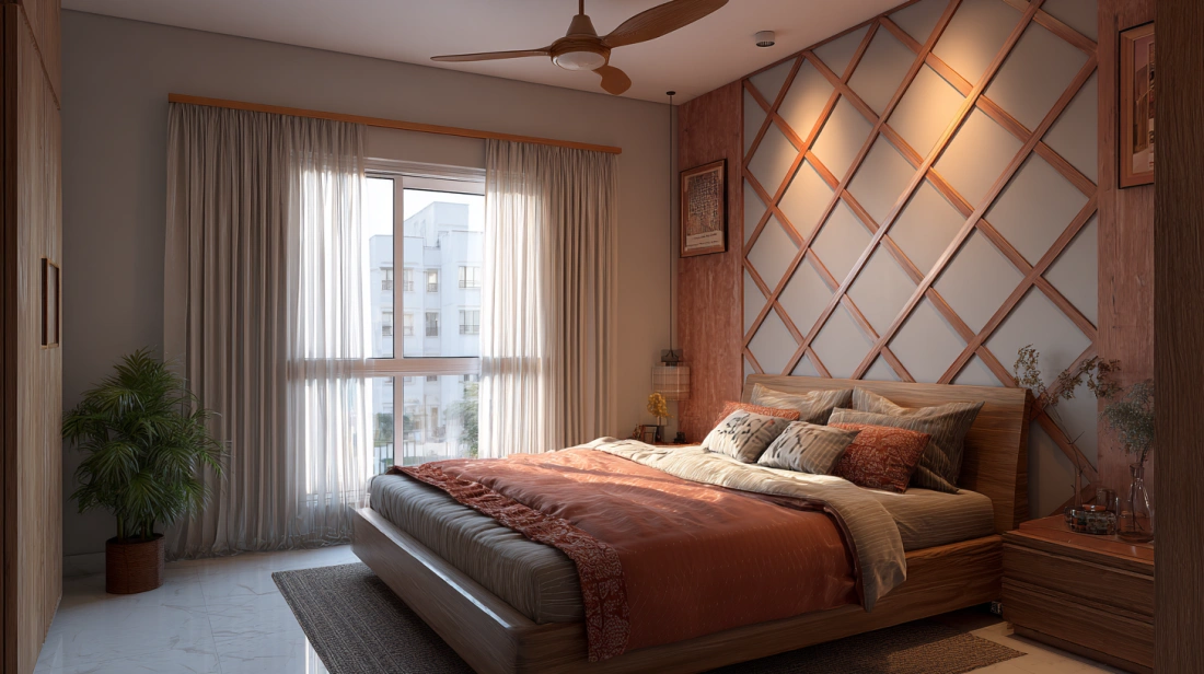 Wooden crisscross diamond patterns decorate bedroom wall