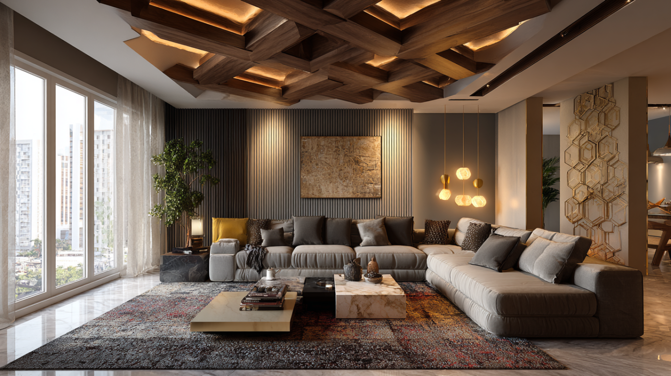 Geometric coffered gypsum ceiling in living room