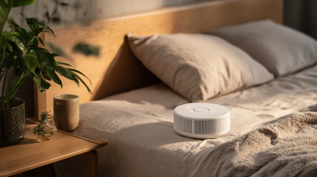 white smart home device on a bed; not a room soundproof product