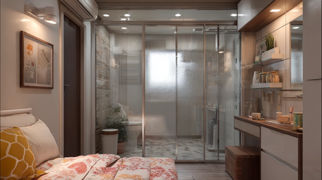 Glass partition between bedroom and bathroom in studio