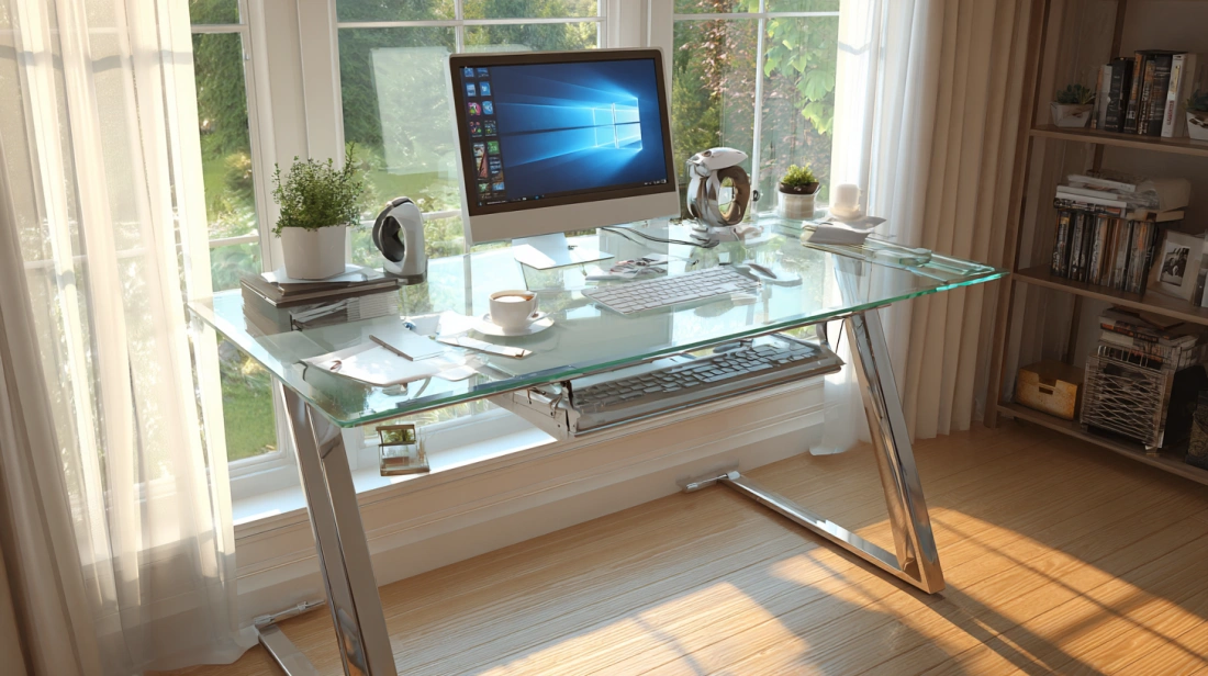Glass computer desk with steel legs and clean setup