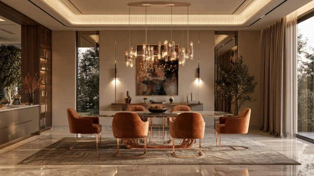 Glass dining table with rose gold base