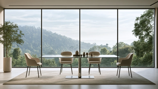 Glass dining table with steel base